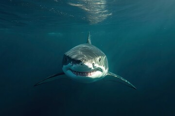 A close-up view of a great white shark swimming underwater, showcasing its powerful presence.