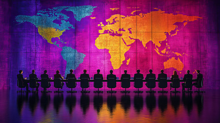 Obraz premium group of international executives negotiating with colorful world map backdrop. vibrant colors create dynamic atmosphere for global discussions
