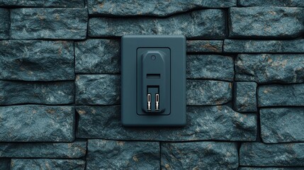 Electrical outlets and voltage eco-friendly, A sleek black light switch mounted on a textured stone wall, blending modern design with natural elements.