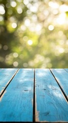 blue Empty wooden table with the bright white interior of the kitchen as a blurred background behind the bokeh golden sunshine -