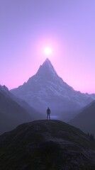 Man on mountain peak, sunset view
