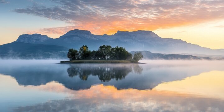 Small island in a serene lake at sunrise with majestic mountains in the background, enveloped in soft mist, creating a tranquil atmosphere for nature lovers and photographers alike. - Powered by Adobe