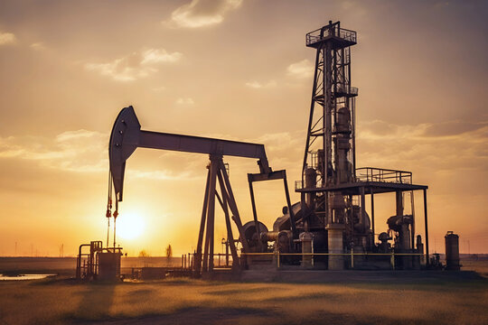 Oil derrick pumps oil from ground during sunset Petroleum and energy concept. Ai generated
