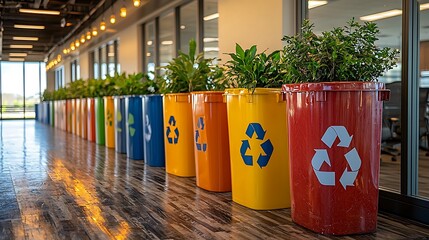 Colorful recycling bins with plants arranged in a modern office setting, promoting eco-friendliness and sustainability.