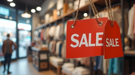 Red tag with the word "Sale" on the background of a boutique