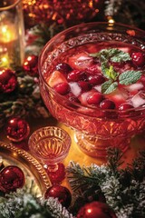 Cranberry-Mint Holiday Punch Festive holiday punch with cranberries and mint in elegant glass bowl
