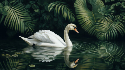 Obraz premium Elegant white swan swimming peacefully, reflected in calm water surrounded by lush green foliage, copy space
