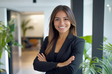 Young smiling Latin professional business woman standing in modern office with arms crossed