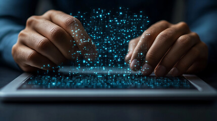 person typing on tablet with glowing digital particles emerging, symbolizing technology and innovation