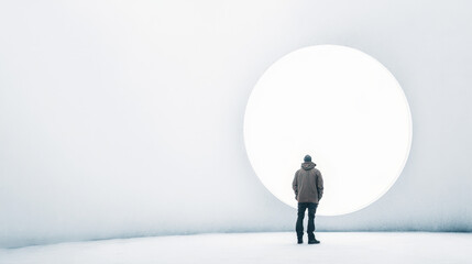 Obraz premium A solitary figure stands facing a large circular light in a minimalist white room, evoking a sense of contemplation and introspection.