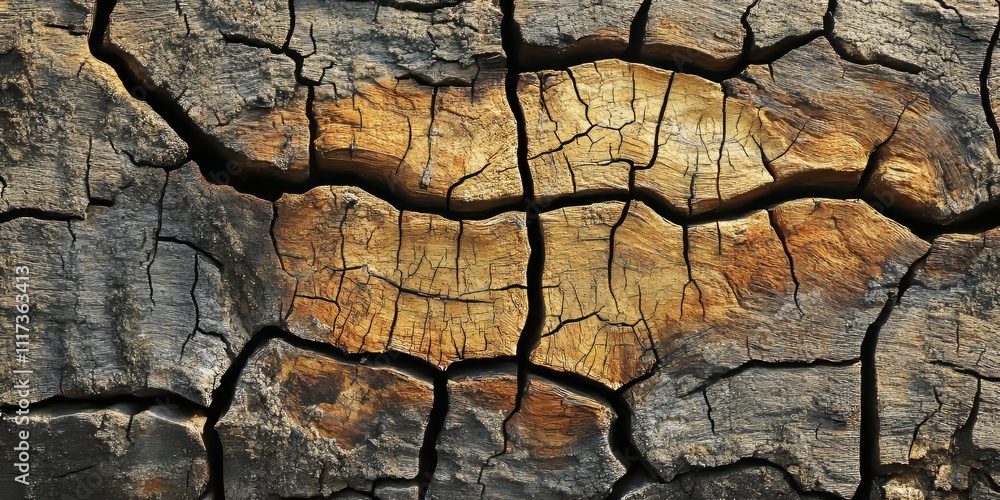 Poster close up view of cracks on a tree trunk, showcasing the intricate details and textures of the tree t