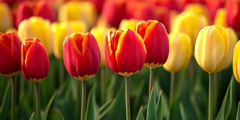 Vibrant red and yellow tulips bloom beautifully in an expansive field, showcasing the stunning colors of red and yellow tulips in nature s canvas. The sight of red and yellow tulips captivates the