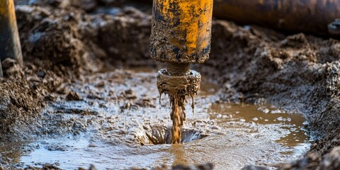 Drilling an artesian well in the ground for groundwater extraction, with mud spouting from the tube, ensures a clean water supply through effective drilling techniques and processes.