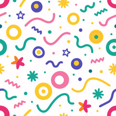 Obraz premium Colorful abstract seamless pattern with circles, stars, and wavy lines on white background.