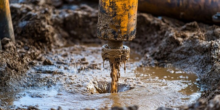 Drilling an artesian well in the ground for groundwater extraction, with mud spouting from the tube, ensures a clean water supply through effective drilling techniques and processes.