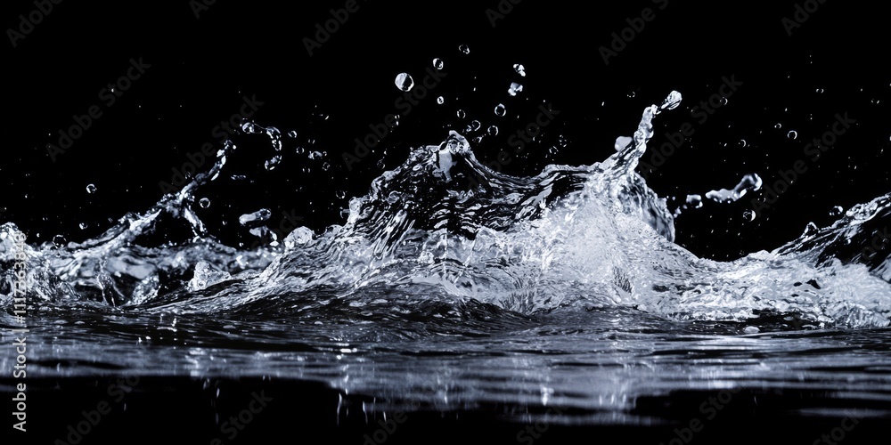 Poster dynamic water splashes create captivating visuals on a black background, showcasing the elegant move