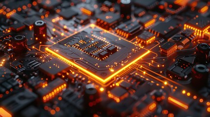 Futuristic circuit board with glowing orange highlights, Generative Ai.