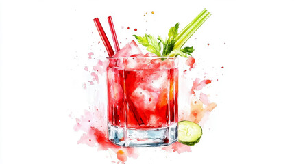 National Rhubarb Vodka Day Watercolor cocktail art: refreshing red drink with celery and ice cubes