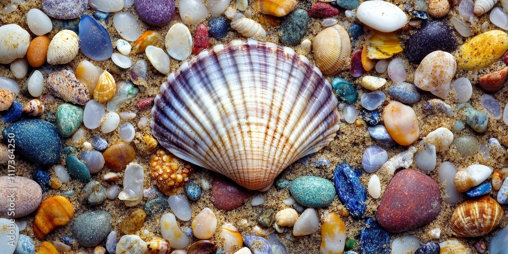 Poster shell resting on a bed of colorful small pebbles and sand, creating a natural composition that highl