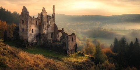 Fototapeta premium Picturesque castle ruin set amidst scenic landscapes, showcasing the charm of historical architecture. This castle ruin offers a glimpse into the past, making it a captivating subject for photography.