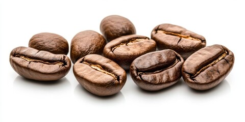 Obraz premium Isolated brown roasted coffee beans on a white background, showcasing the rich texture and color of brown roasted coffee beans, perfect for coffee lovers and enthusiasts.