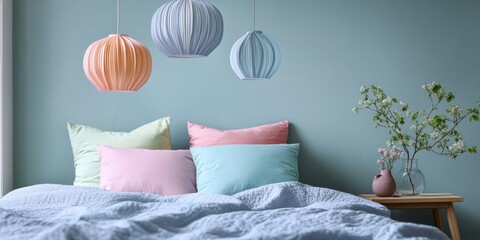 Three pastel colored lamps hanging above a bed with a soft bedhead create a bright interior, highlighting the charm of the lamps and the inviting atmosphere they bring to the space.
