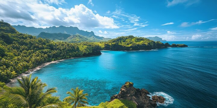 Sunny day on the south coast, featuring the stunning beauty of UA HUKA ISLAND, part of the Marquesas Islands, showcasing the allure of these tropical landscapes and inviting vibes.