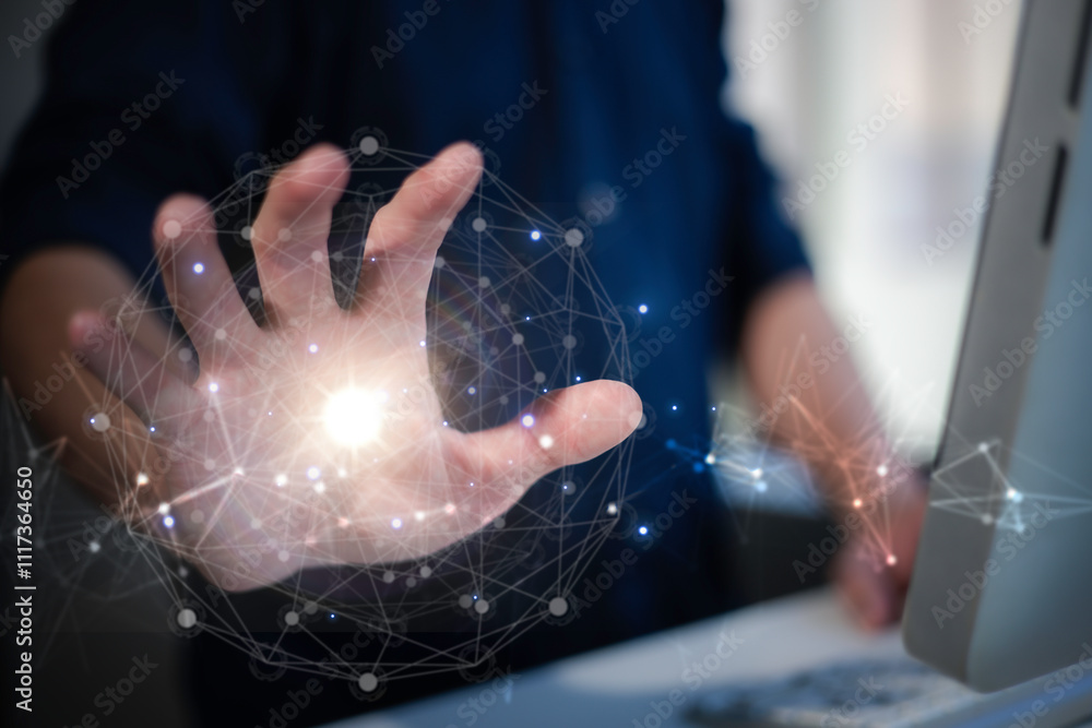 Aufkleber data,digital transformation hand touching the metaverse universe, a conceptual shift in digital tran