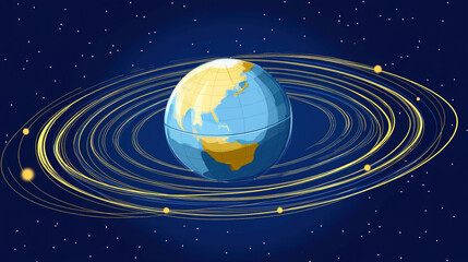 Fototapeta premium Earth axis diagram illustration showing the tilt of the Earth's rotational axis relative to its orbital plane, explaining the cause of seasonal changes and the distribution of sunlight.