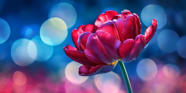 Close up view of a red flower tulip showcasing intricate details, set against a beautifully blurred bokeh background that enhances the vibrant colors of the red flower tulip.