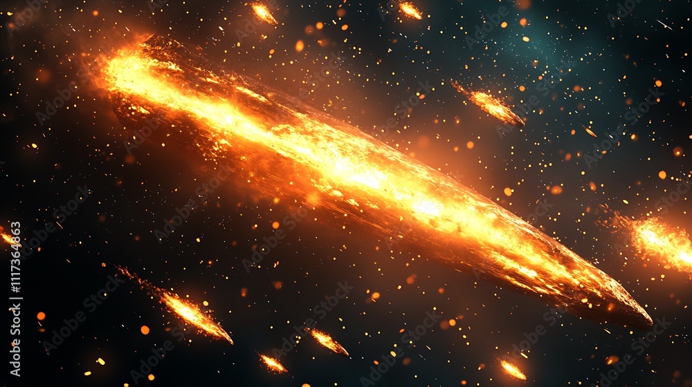 Aufkleber dramatic cosmic scene of fiery asteroids and burning fragments in deep space : generative ai