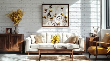 Modern Living Room with White Brick Walls and Wooden Furniture