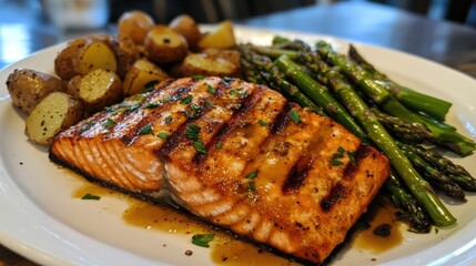Grilled salmon filet served with steamed asparagus and roasted potatoes