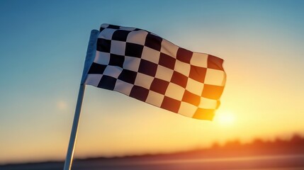 Checkered flag waving at sunset. Ideal for themes of victory, competition, and success.