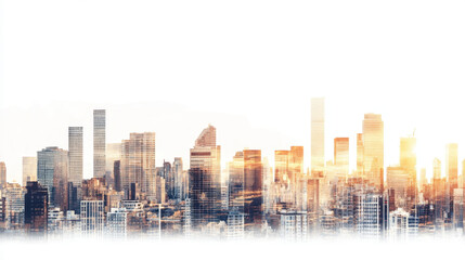 Obraz premium A stunning cityscape at sunrise, silhouettes of modern skyscrapers blend into the bright sky, creating a serene and vibrant urban skyline panorama.