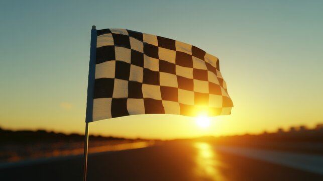 Checkered flag at sunset, waving in breeze. Perfect for themes of victory, competition, and finish lines.