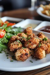 Fototapeta premium Crispy garlic cheese bites with fresh salad and dipping sauces on white plate