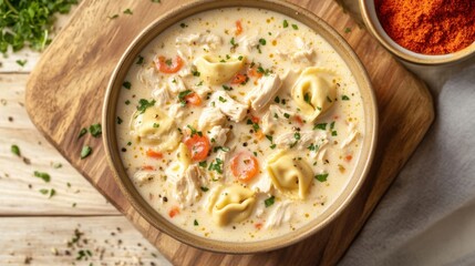 Creamy chicken tortellini soup with vegetables and herbs in rustic bowl