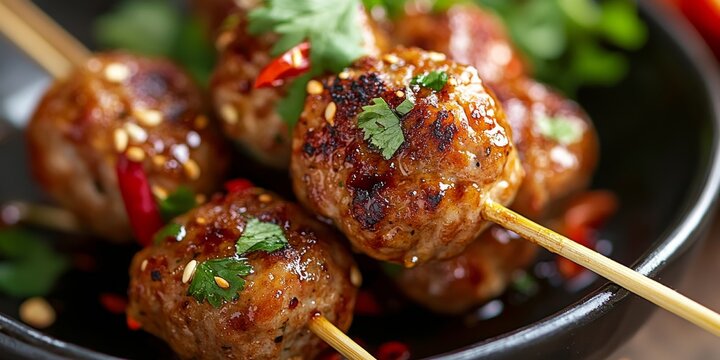 Delicious fish meatballs served on skewers, showcasing the vibrant and appetizing presentation of fish meatballs. Enjoy the unique flavors of these fish meatballs prepared in a satai style.