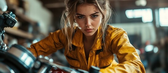 Plakat A young woman in a yellow jumpsuit looks intently at the camera while working on a motorcycle.