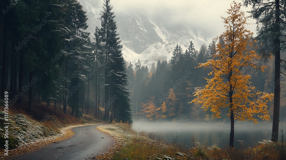 Poster scenic autumn forest pathway near a misty lake and snowy mountains : generative ai