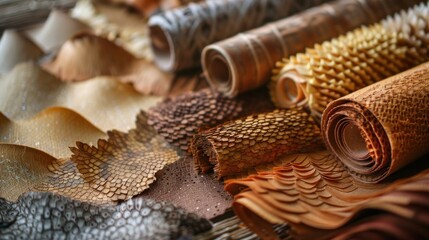 arrangement of various handcrafted leather and paper rolls in warm earthy tones showcasing the textures and layers of these natural artisanal materials in a creative visually appealing composition