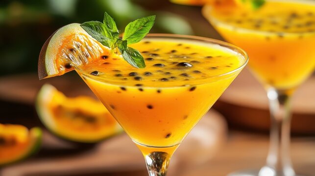 World Passion Fruit Martini Day Tropical passion fruit cocktail with fresh mint garnish for summer refreshment