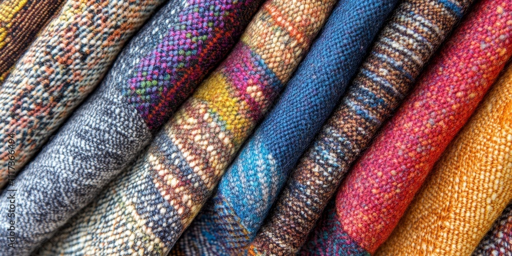 Poster close up view of a variety of multi color fabric texture samples showcasing intricate patterns and v