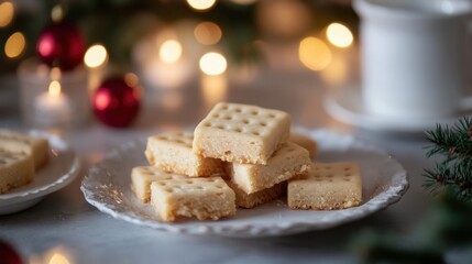 National Walkers Shortbread Day Festive christmas shortbread cookies on decorative plate with bokeh background