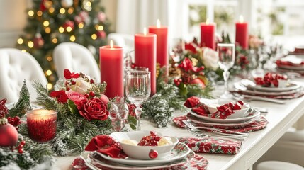 A long table set for a Christmas feast, featuring red candles, festive floral arrangements, and holiday-themed place settings.