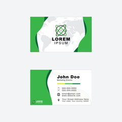 A professional green and white business card design featuring a modern logo on the front with a global map in the background. The back includes the contact details of an individual.