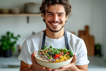 man holding smoothie bowl with colorful toppings cheerful smile white kitchen background representing veganuary meals