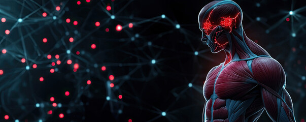 Naklejka premium Conceptual illustration of human anatomy with neural connections and muscle structures.
