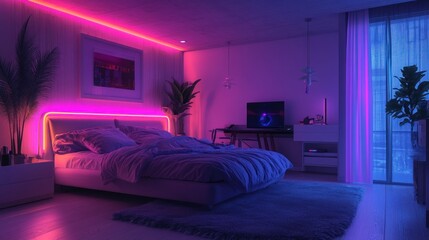 Modern Bedroom with Neon Lights